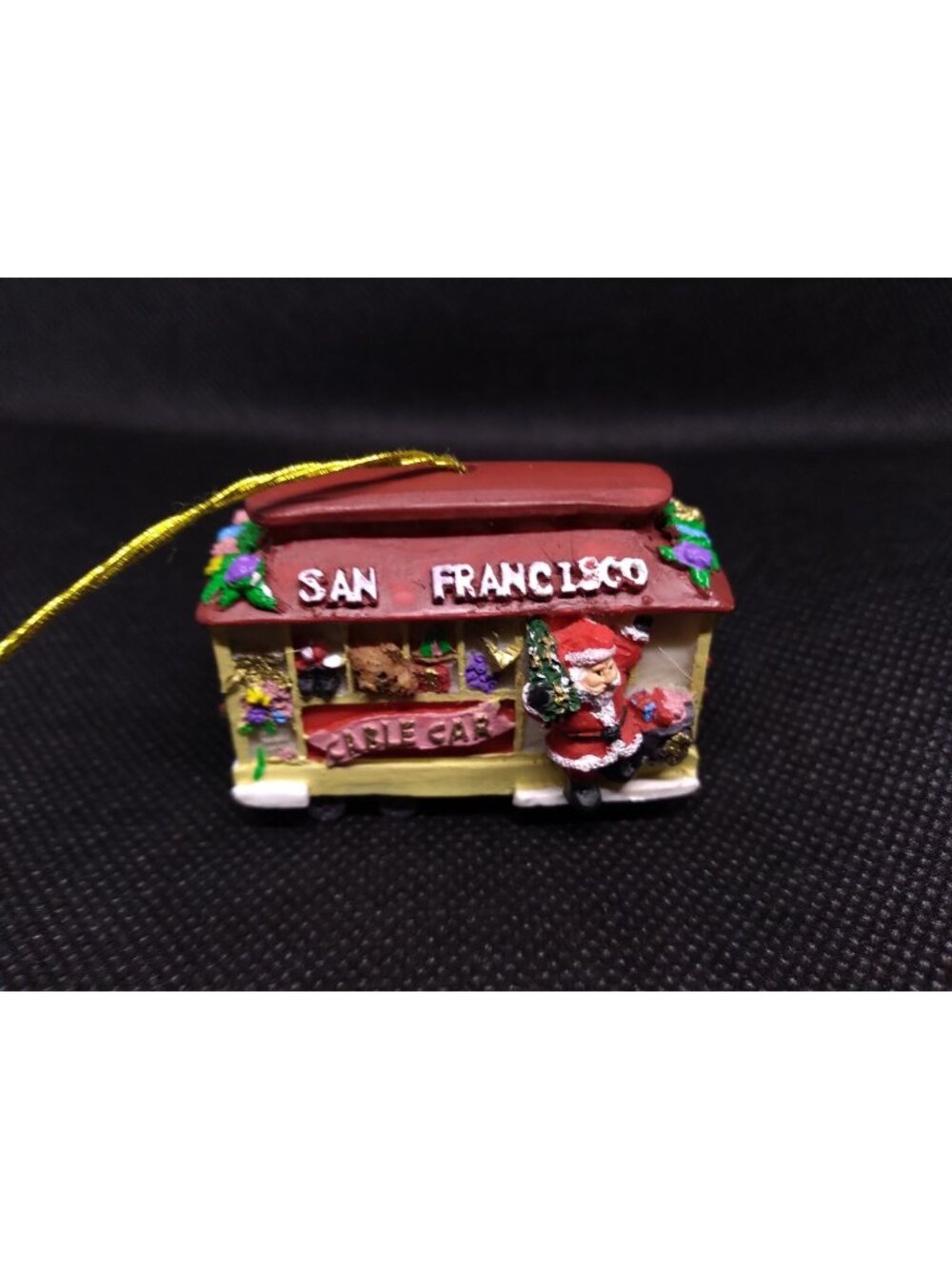 Vtg San Francisco Cable Car Ornament - Santa Clause Riding With Toys & Elf 1.8"